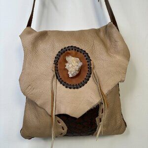 FPP Handmade Boho Leather Rustic Western Crossbody Bag With Raw Crystal & Fringe